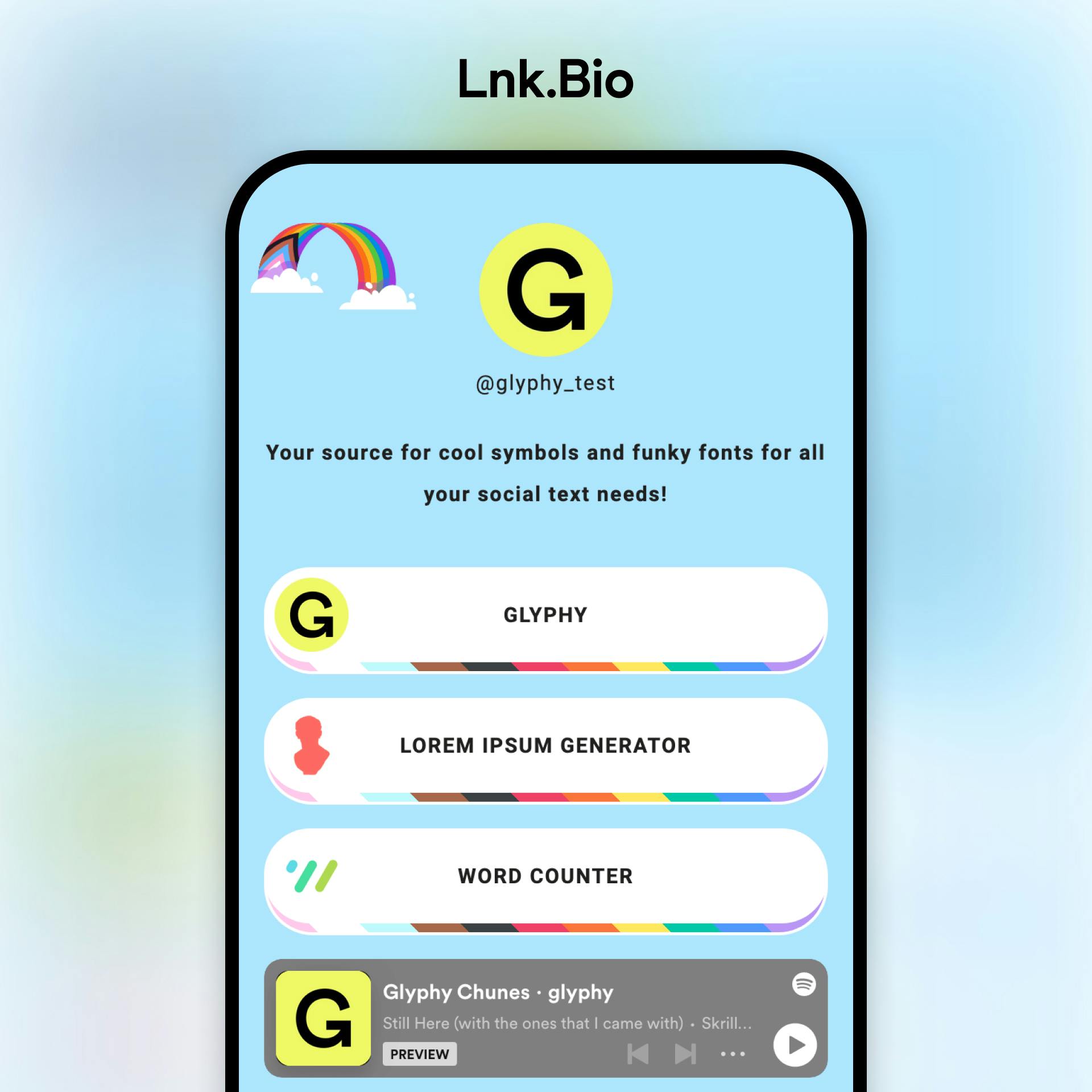 Lnk.Bio link in bio tool example profile on a mobile device